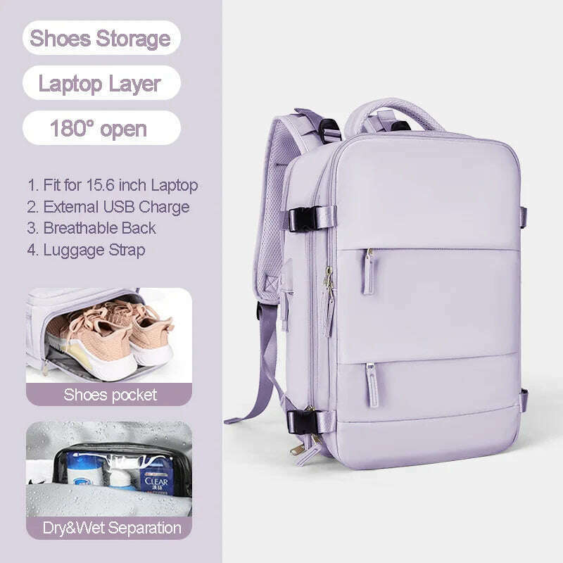 KIMLUD, Large Women Travel Backpack 17 Inch Laptop USB Airplane Business Shoulder Bag Girls Nylon Students Schoolbag Luggage Pack XA370C, Purple, KIMLUD APPAREL - Womens Clothes