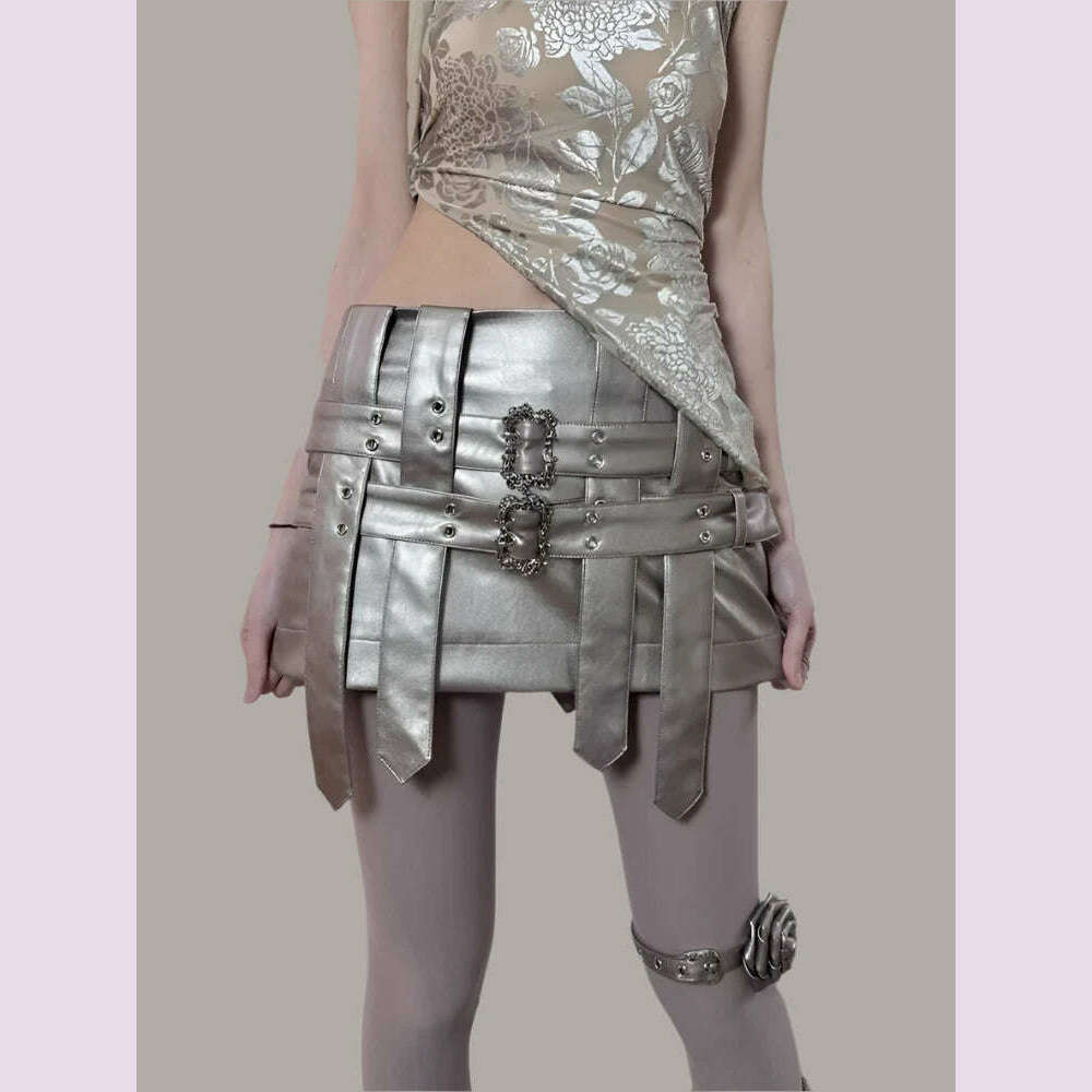 KIMLUD, Lautaro Spring Autumn Cool Silver Pu Leather Mini Skirt Women Belt Low Waist Retro Sexy Luxury Designer Emo Gyaru Clothes 2023, KIMLUD Womens Clothes