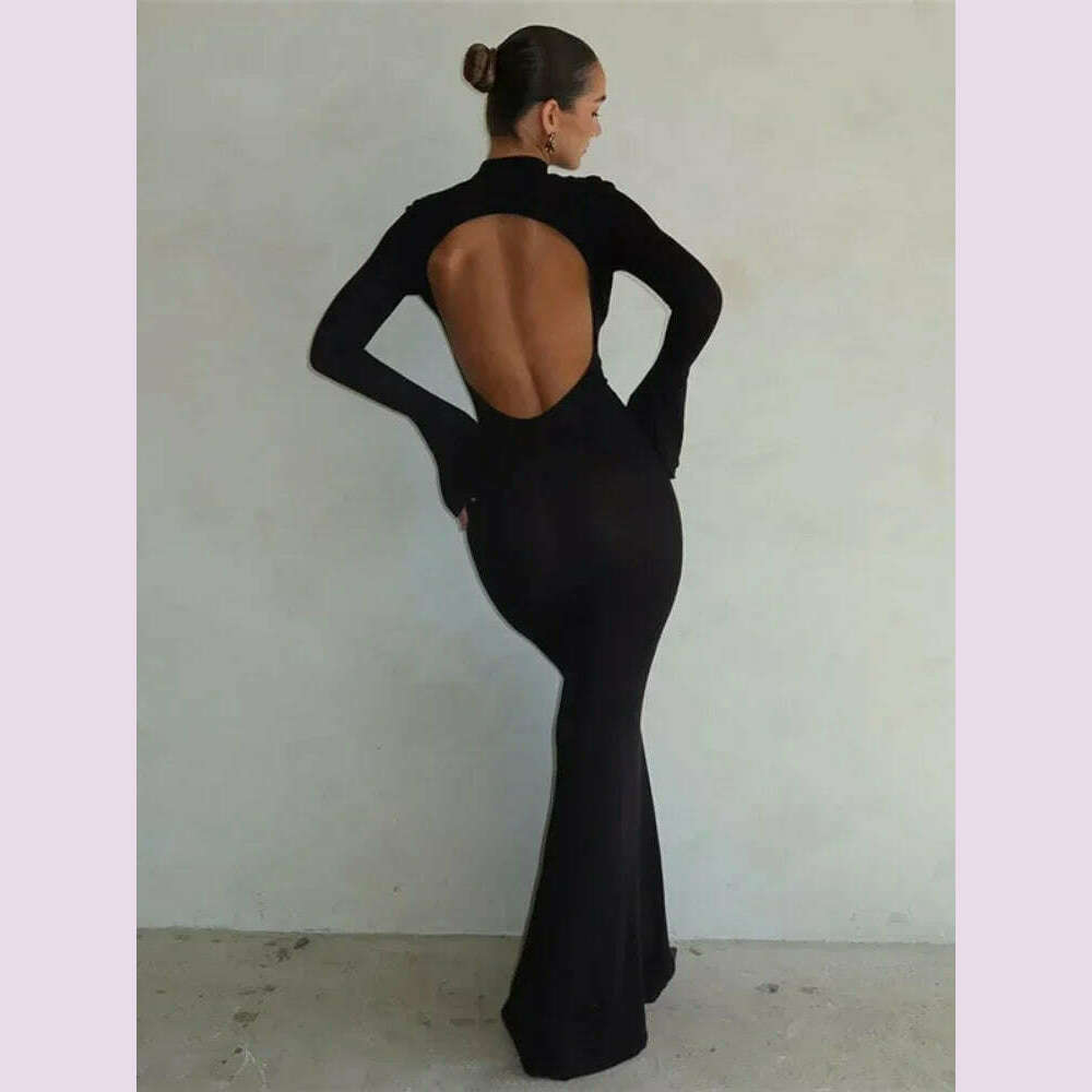 KIMLUD, Laxsesu Backless Sexy Maxi Dress Women's Long Sleeve Bodycon Black Autumn Dress Elegant Party Evening Dresses for Women 2023, black / L, KIMLUD APPAREL - Womens Clothes