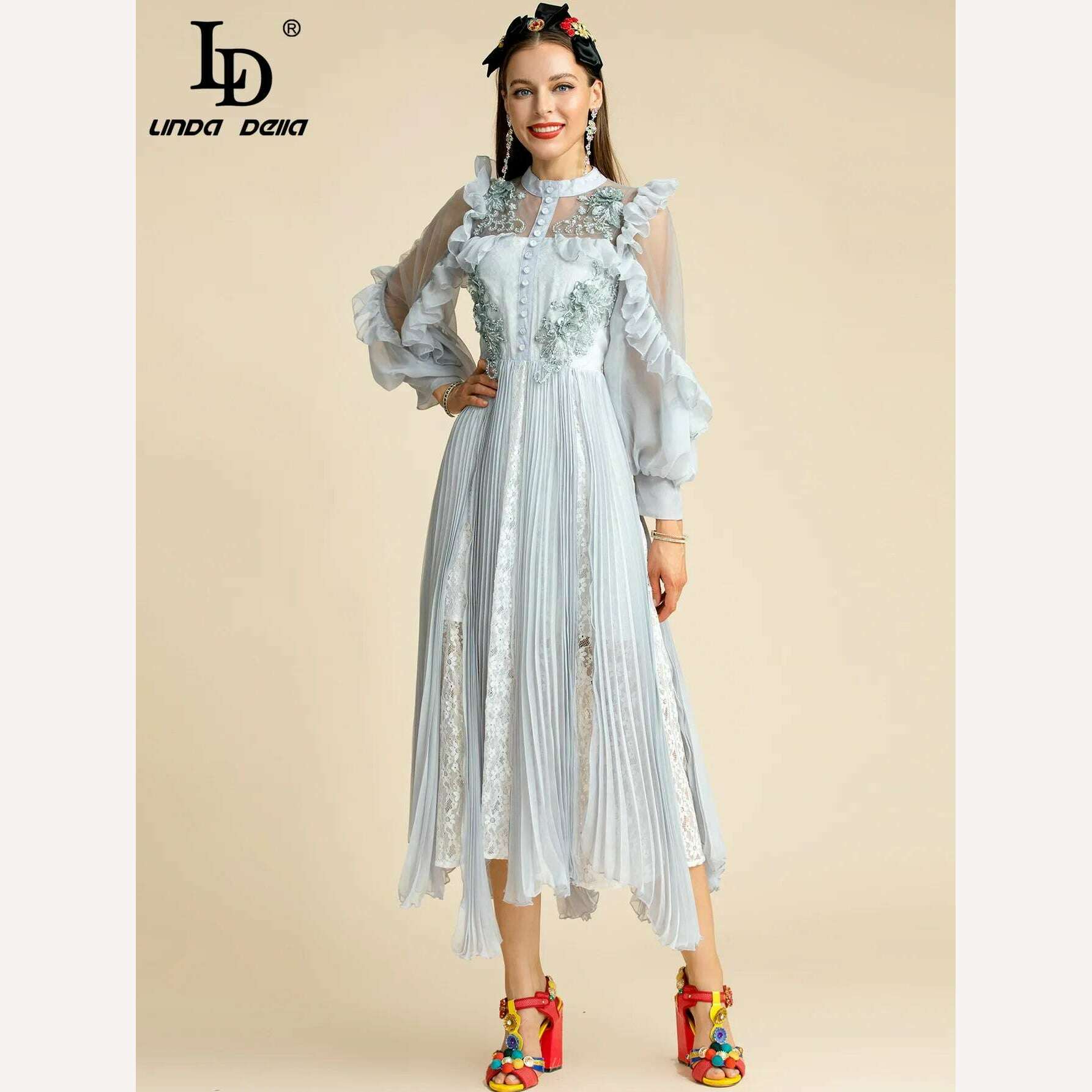 KIMLUD, LD LINDA DELLA Fashion Runway Summer Dress Women's Mesh Ruffles Lantern sleeve Beading Applique Patchwork Lace Pleated Dress, KIMLUD Womens Clothes