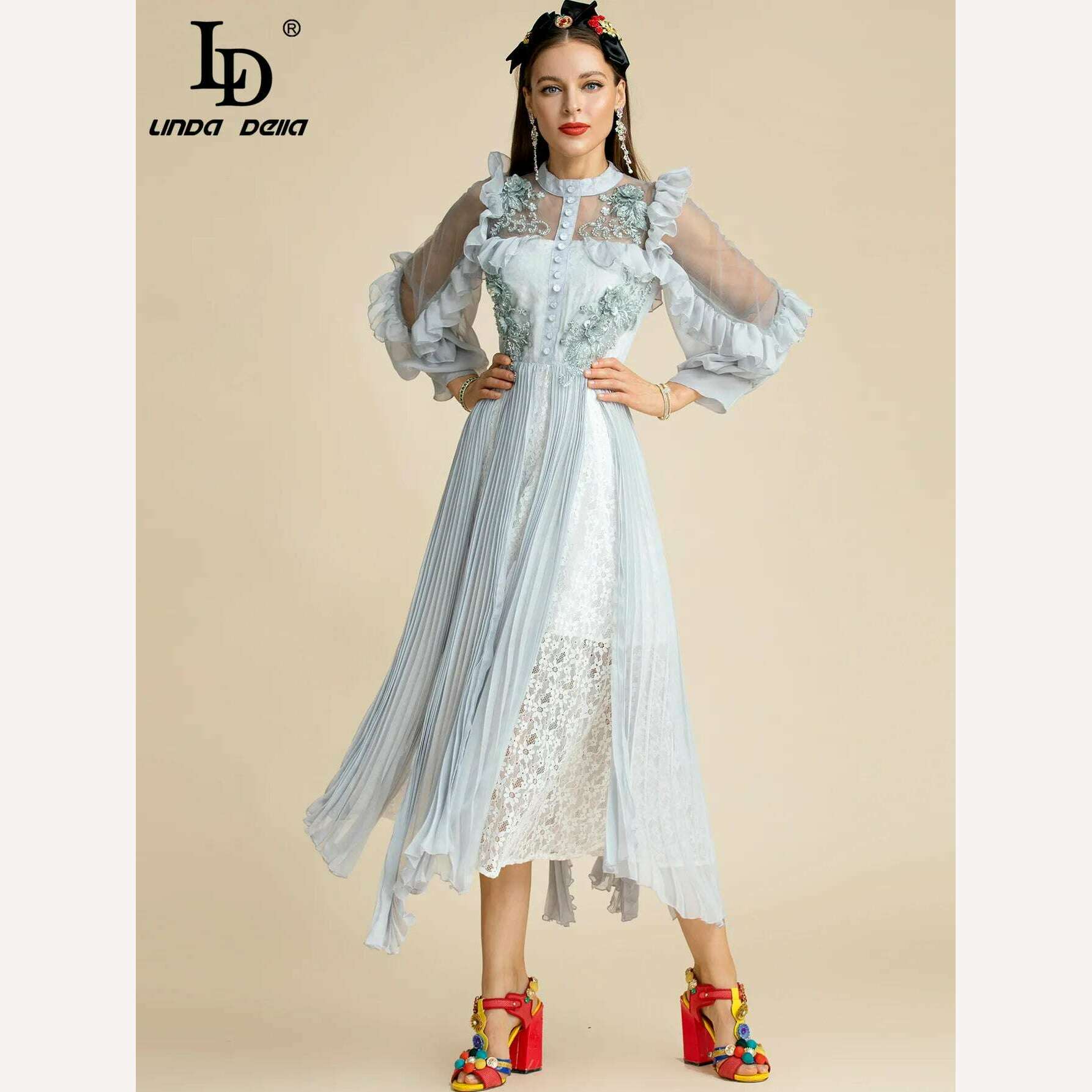 KIMLUD, LD LINDA DELLA Fashion Runway Summer Dress Women's Mesh Ruffles Lantern sleeve Beading Applique Patchwork Lace Pleated Dress, KIMLUD Womens Clothes