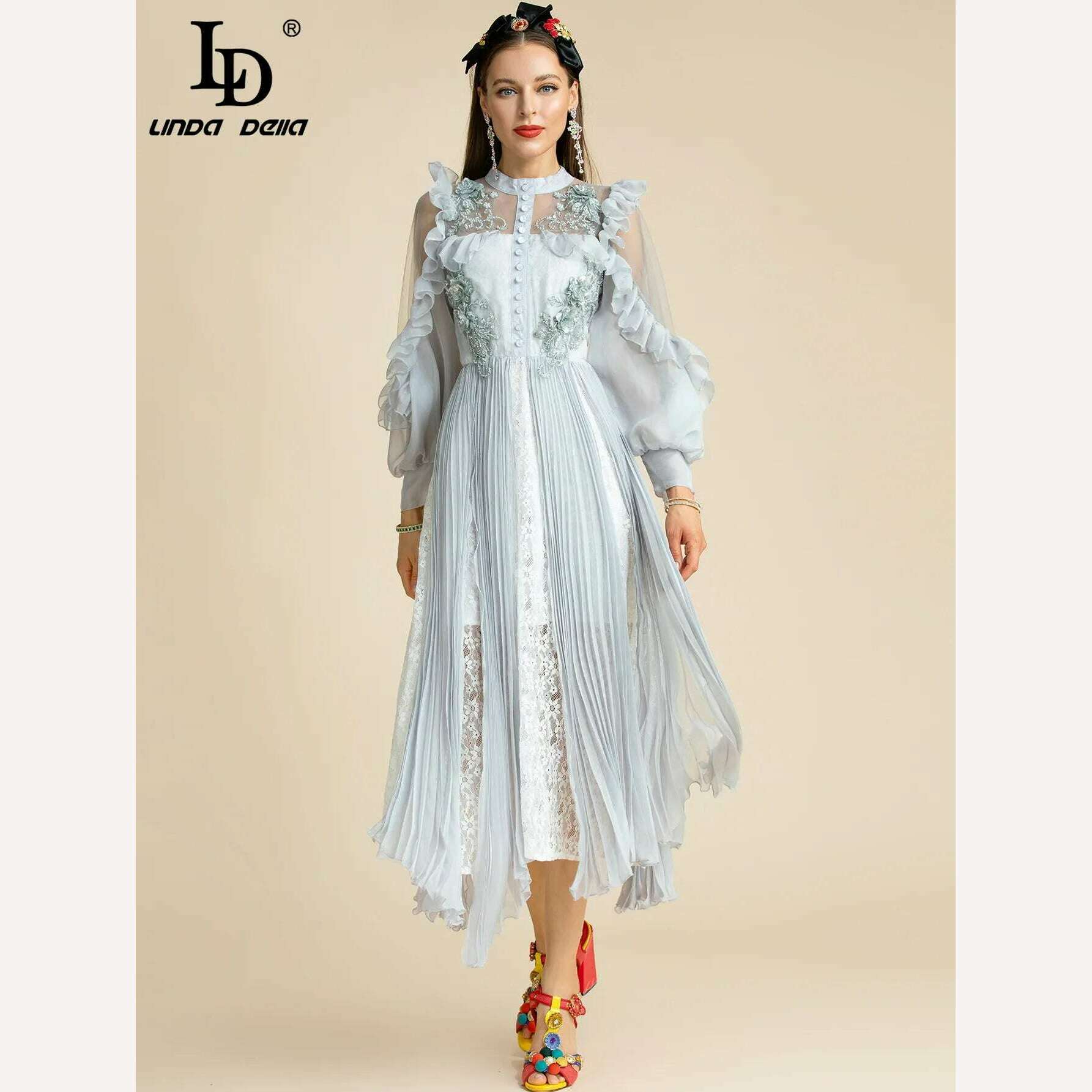 KIMLUD, LD LINDA DELLA Fashion Runway Summer Dress Women's Mesh Ruffles Lantern sleeve Beading Applique Patchwork Lace Pleated Dress, KIMLUD Womens Clothes