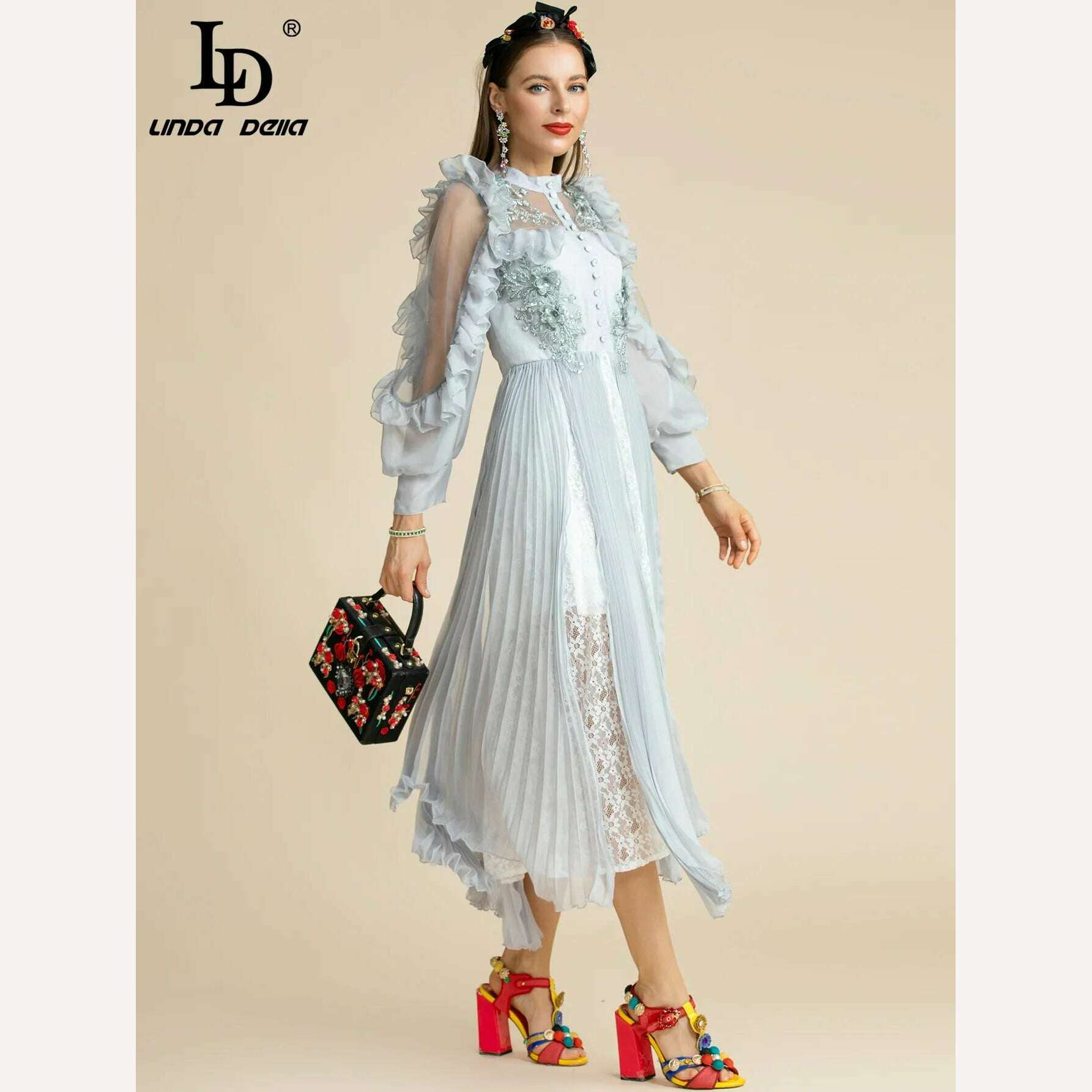 KIMLUD, LD LINDA DELLA Fashion Runway Summer Dress Women's Mesh Ruffles Lantern sleeve Beading Applique Patchwork Lace Pleated Dress, KIMLUD Womens Clothes