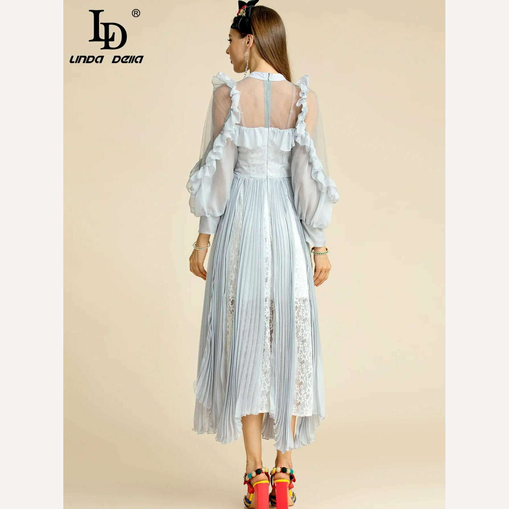 KIMLUD, LD LINDA DELLA Fashion Runway Summer Dress Women's Mesh Ruffles Lantern sleeve Beading Applique Patchwork Lace Pleated Dress, KIMLUD Womens Clothes