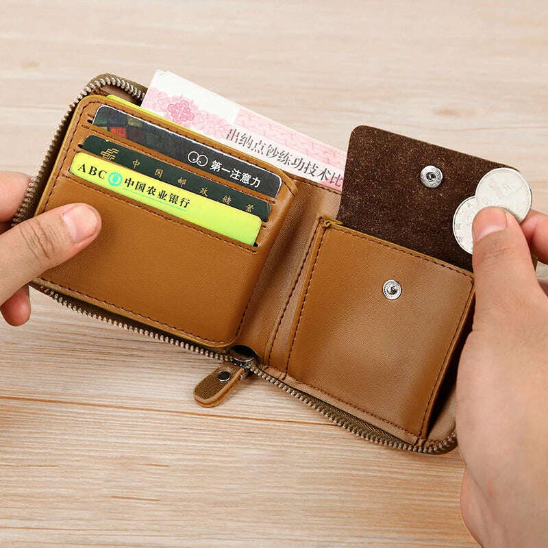 Leather Men’s Wallet Luxury Mens	Purse Male Zipper Card Holders with Coin Pocket Rfid Wallets Gifts for Men Money Bag - KIMLUD