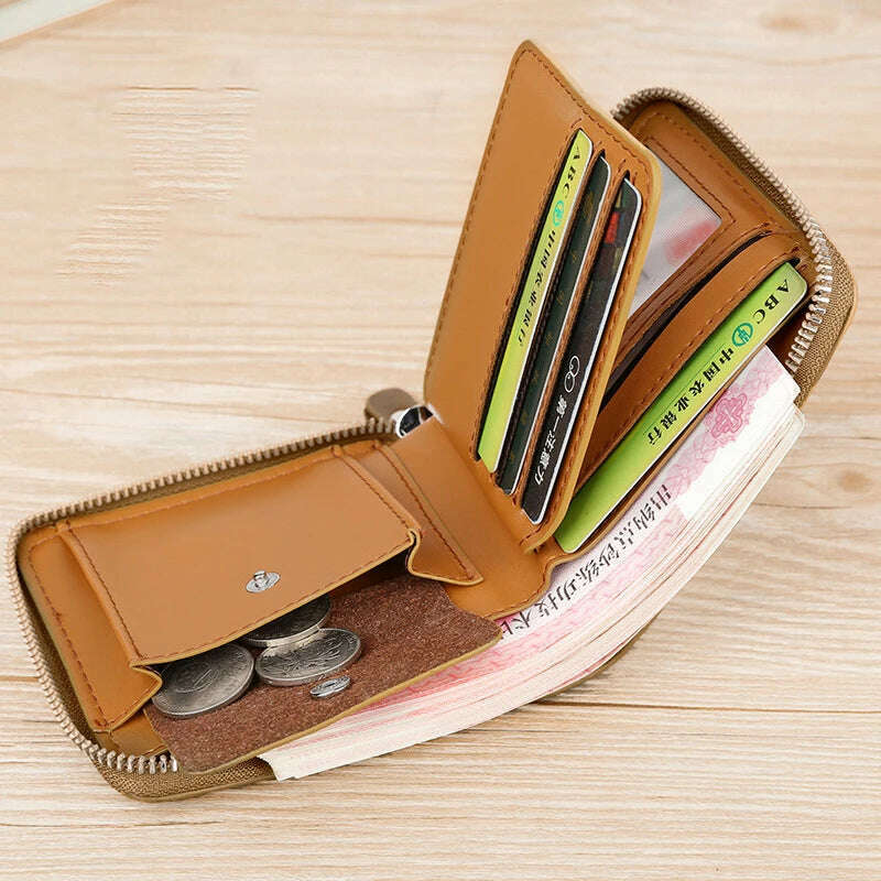 Leather Men’s Wallet Luxury Mens	Purse Male Zipper Card Holders with Coin Pocket Rfid Wallets Gifts for Men Money Bag - KIMLUD