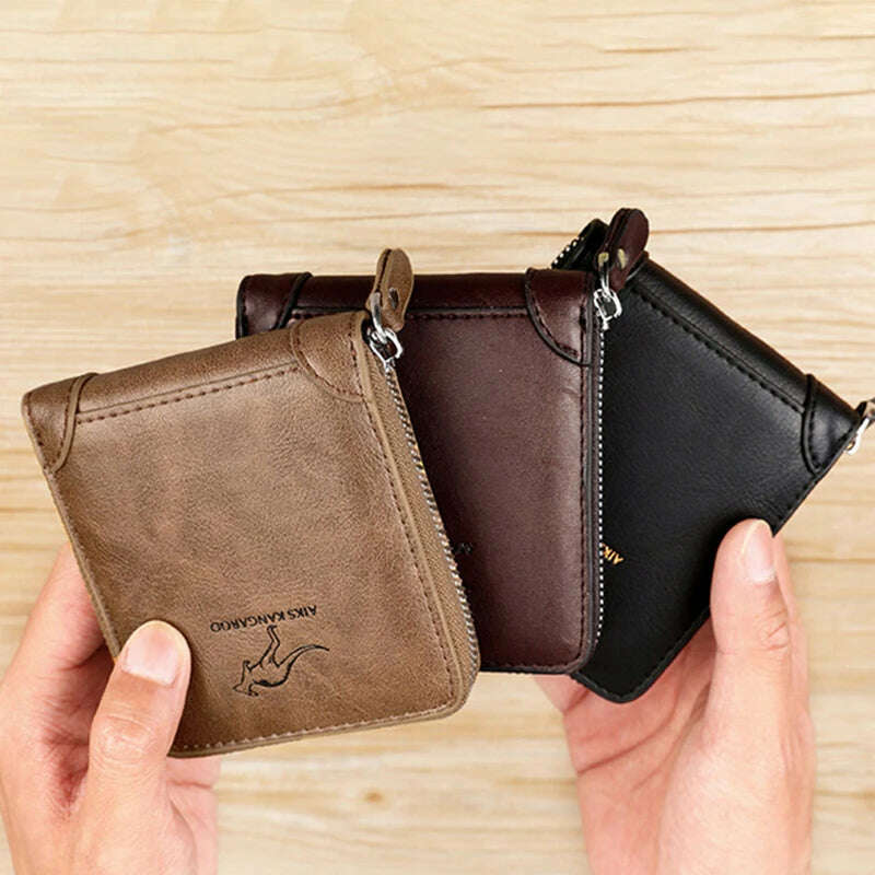 Leather Men’s Wallet Luxury Mens	Purse Male Zipper Card Holders with Coin Pocket Rfid Wallets Gifts for Men Money Bag - KIMLUD