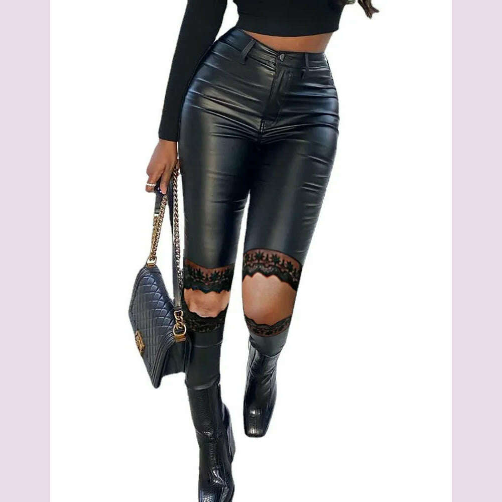 Leather Pants Women Slim Fit Button Midi Waist Pencil Pant Solid Lace Splice Capris Spring 2024 Slight Strech High Street - KIMLUD