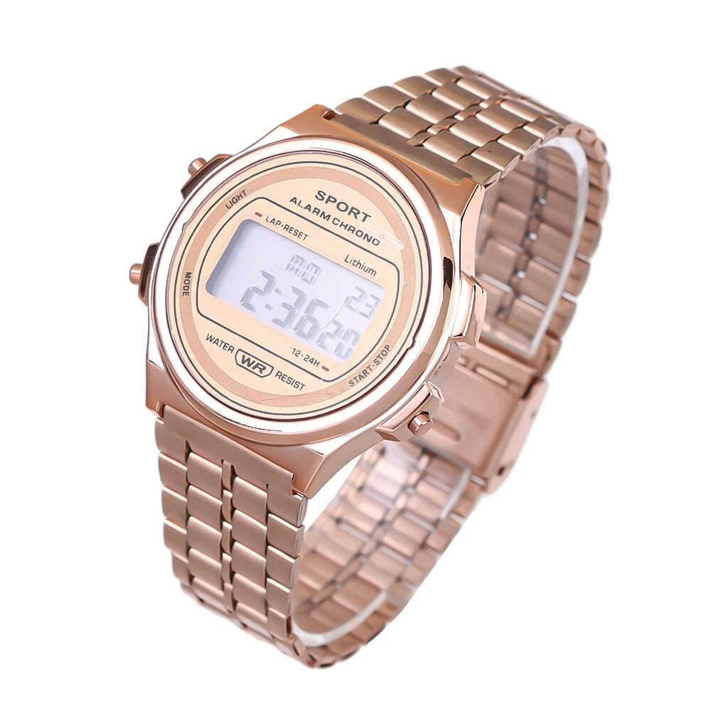 KIMLUD, LED Steel Belt Rose Gold Silver Watches Men Women Electronic Digital Display Retro Style Clock Relogio Masculin Reloj Homb, Rose gold, KIMLUD APPAREL - Womens Clothes