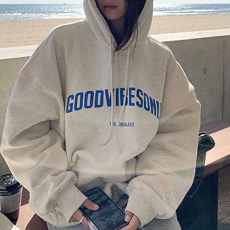 KIMLUD, Letter Print Women Hoodies Autumn Winter Fleece Casual Loose Hooded Sweatshirt Womens Oversize Pullover Vintage Warm Hoody Tops, Gray 2 / M, KIMLUD APPAREL - Womens Clothes