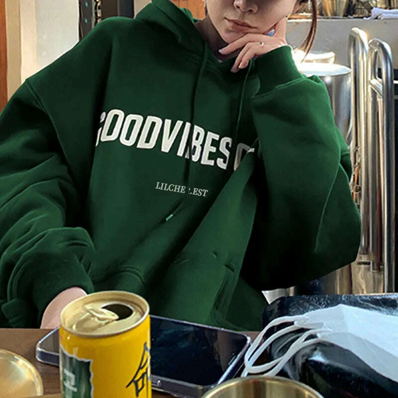 KIMLUD, Letter Print Women Hoodies Autumn Winter Fleece Casual Loose Hooded Sweatshirt Womens Oversize Pullover Vintage Warm Hoody Tops, Green 1 / M, KIMLUD APPAREL - Womens Clothes