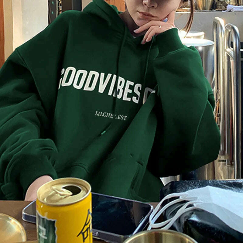 KIMLUD, Letter Print Women Hoodies Autumn Winter Fleece Casual Loose Hooded Sweatshirt Womens Oversize Pullover Vintage Warm Hoody Tops, Green 4 / M, KIMLUD APPAREL - Womens Clothes