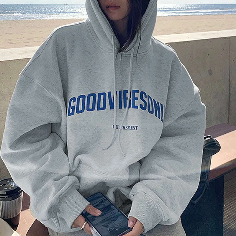 KIMLUD, Letter Print Women Hoodies Autumn Winter Fleece Casual Loose Hooded Sweatshirt Womens Oversize Pullover Vintage Warm Hoody Tops, Gray 1 / M, KIMLUD APPAREL - Womens Clothes