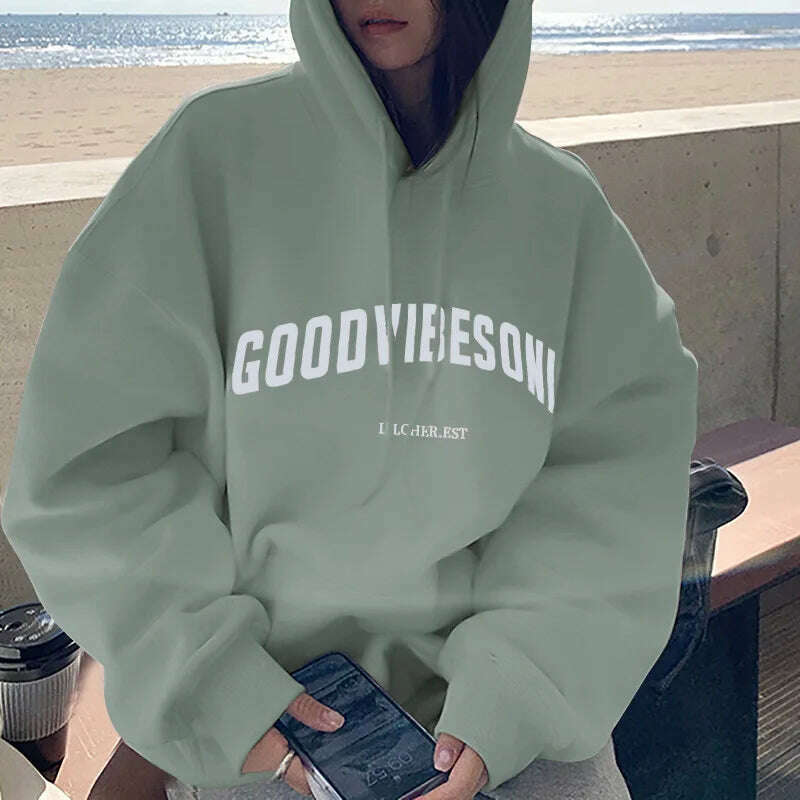 KIMLUD, Letter Print Women Hoodies Autumn Winter Fleece Casual Loose Hooded Sweatshirt Womens Oversize Pullover Vintage Warm Hoody Tops, Light Green / M, KIMLUD APPAREL - Womens Clothes