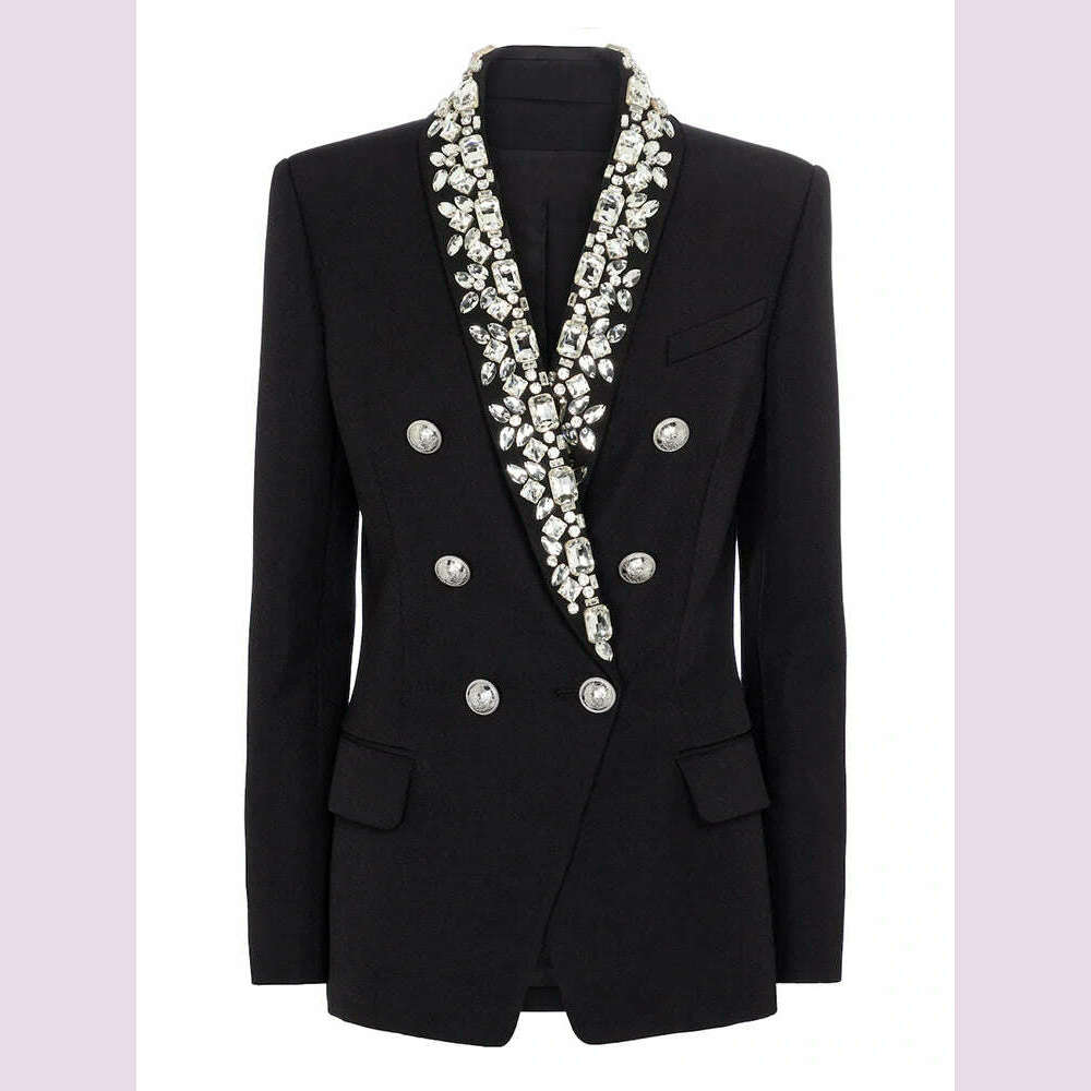 LGRQ Solid Spliced Diamonds Casual Elegant Blazers Women V Neck Long Sleeve Patchwork Button Blazer Female Fashion Style 19Z2567 - KIMLUD