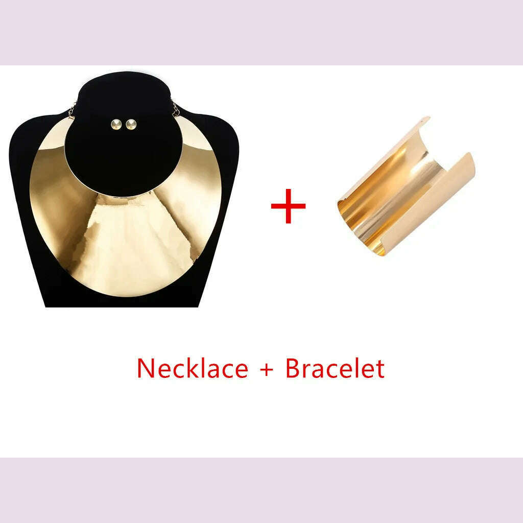 KIMLUD, Liffly African Big Collar Choker Necklaces for Women Round Earrings Statement Mature Bracelet Wedding Home Party Travel Jewelry, Gold set / 45cm, KIMLUD APPAREL - Womens Clothes