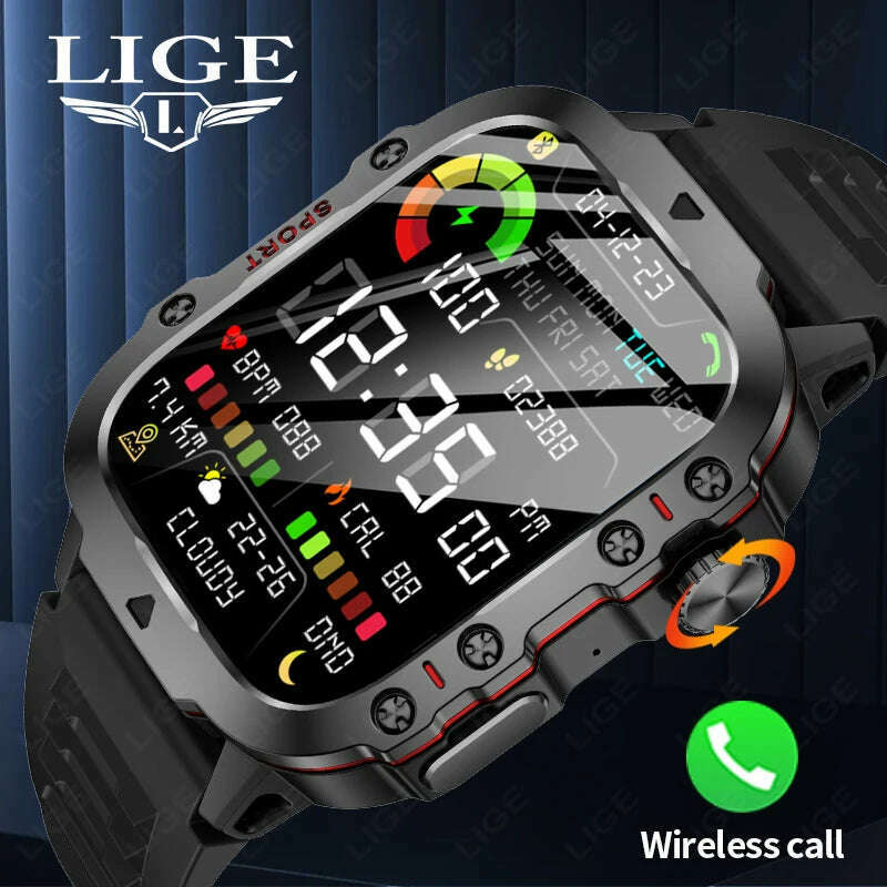 LIGE 2024 Outdoor Military Mens Smartwatch Bluetooth Call Sport Heart Rate Monitor IP68 Waterproof Smart Watches For Android IOS - KIMLUD