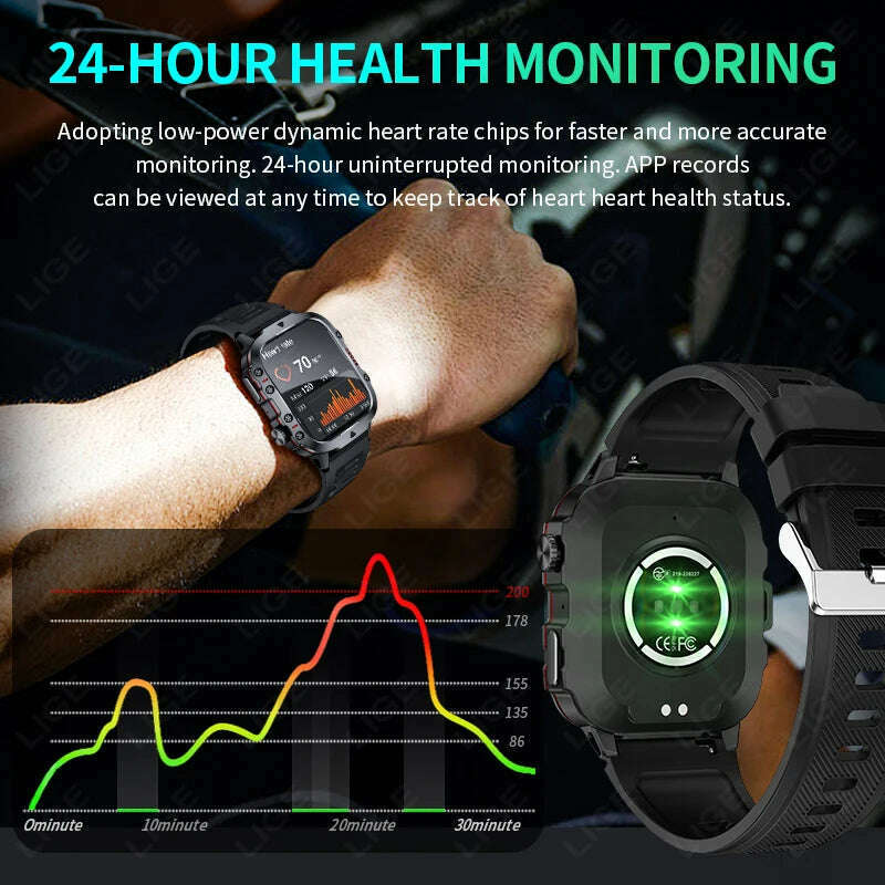 LIGE 2024 Outdoor Military Mens Smartwatch Bluetooth Call Sport Heart Rate Monitor IP68 Waterproof Smart Watches For Android IOS - KIMLUD