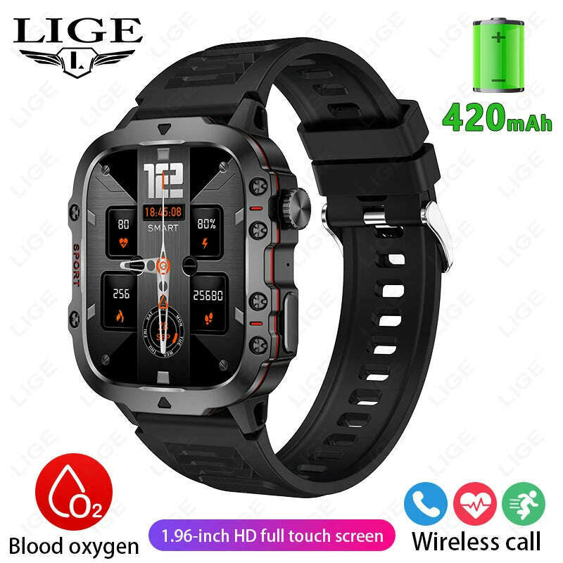 LIGE 2024 Outdoor Military Mens Smartwatch Bluetooth Call Sport Heart Rate Monitor IP68 Waterproof Smart Watches For Android IOS - KIMLUD