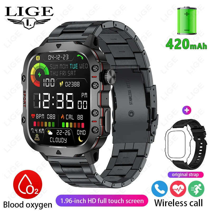 LIGE 2024 Outdoor Military Mens Smartwatch Bluetooth Call Sport Heart Rate Monitor IP68 Waterproof Smart Watches For Android IOS - KIMLUD