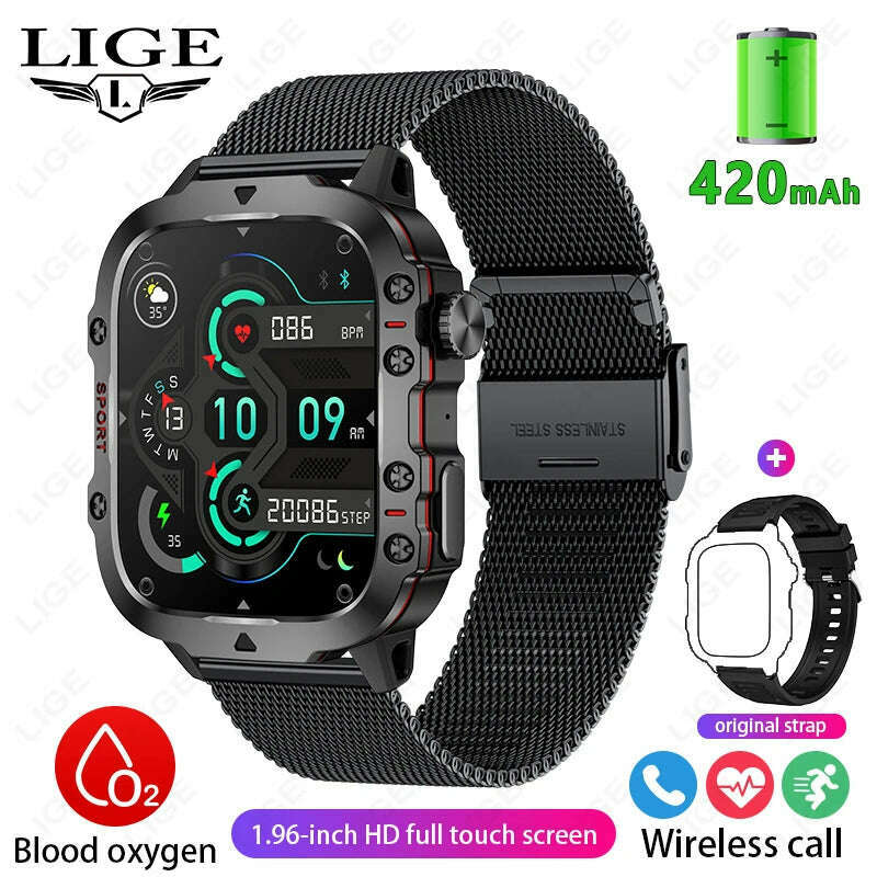 LIGE 2024 Outdoor Military Mens Smartwatch Bluetooth Call Sport Heart Rate Monitor IP68 Waterproof Smart Watches For Android IOS - KIMLUD