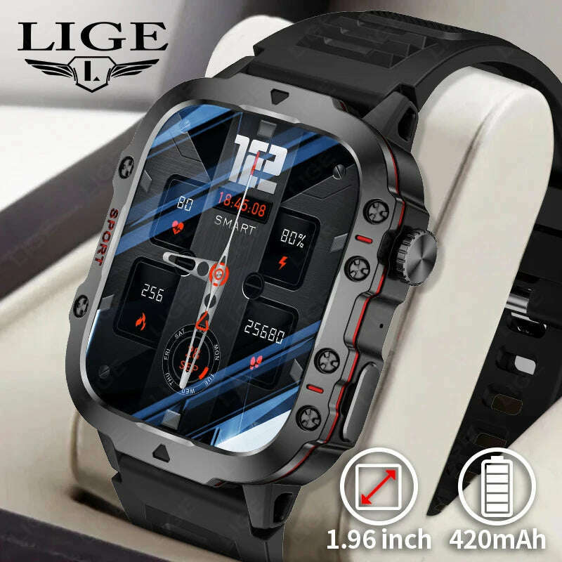 LIGE 2024 Smart Watches Men's Rugged Military Bluetooth Call IP68 Waterproof Sport Heart Rate Outdoor Smartwatch for Android IOS - KIMLUD