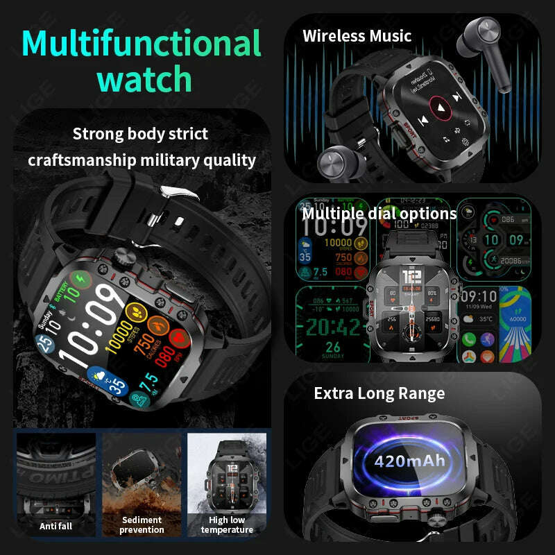 LIGE 2024 Smart Watches Men's Rugged Military Bluetooth Call IP68 Waterproof Sport Heart Rate Outdoor Smartwatch for Android IOS - KIMLUD