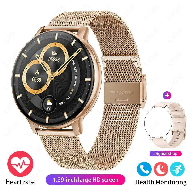 KIMLUD, LIGE Bluetooth Call Smart Watch Women Custom Dial Steel Watches Men Sports Fitness Tracker Heart Rate Smartwatch For Android IOS, mesh belt gold, KIMLUD APPAREL - Womens Clothes