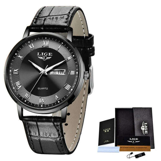 KIMLUD, LIGE Brand Women Watches Ultra-thin Luxury Quartz Watch Fashion Ladies Clock Stainless Steel Waterproof Calendar Week Wristwatch, Leather black / China, KIMLUD APPAREL - Womens Clothes