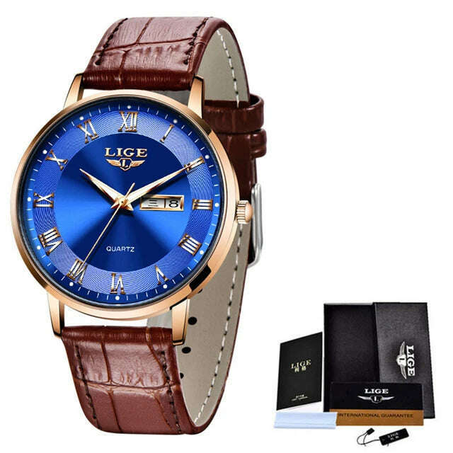 KIMLUD, LIGE Brand Women Watches Ultra-thin Luxury Quartz Watch Fashion Ladies Clock Stainless Steel Waterproof Calendar Week Wristwatch, Leather gold blue / China, KIMLUD APPAREL - Womens Clothes