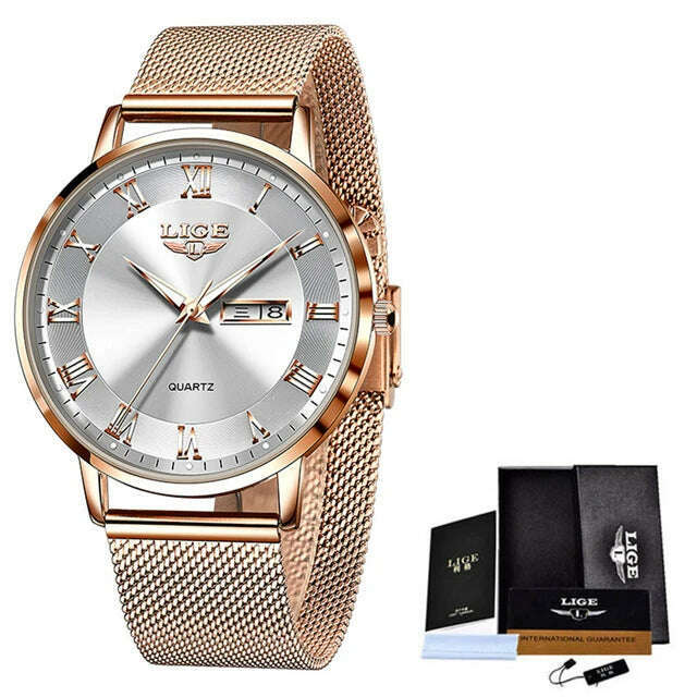 KIMLUD, LIGE Brand Women Watches Ultra-thin Luxury Quartz Watch Fashion Ladies Clock Stainless Steel Waterproof Calendar Week Wristwatch, Rose gold white / China, KIMLUD APPAREL - Womens Clothes