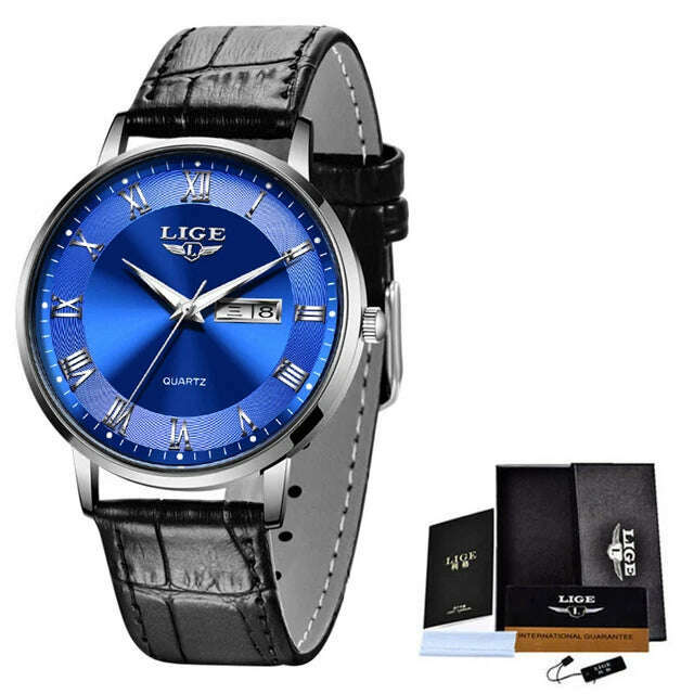 KIMLUD, LIGE Brand Women Watches Ultra-thin Luxury Quartz Watch Fashion Ladies Clock Stainless Steel Waterproof Calendar Week Wristwatch, Leather black blue / China, KIMLUD APPAREL - Womens Clothes