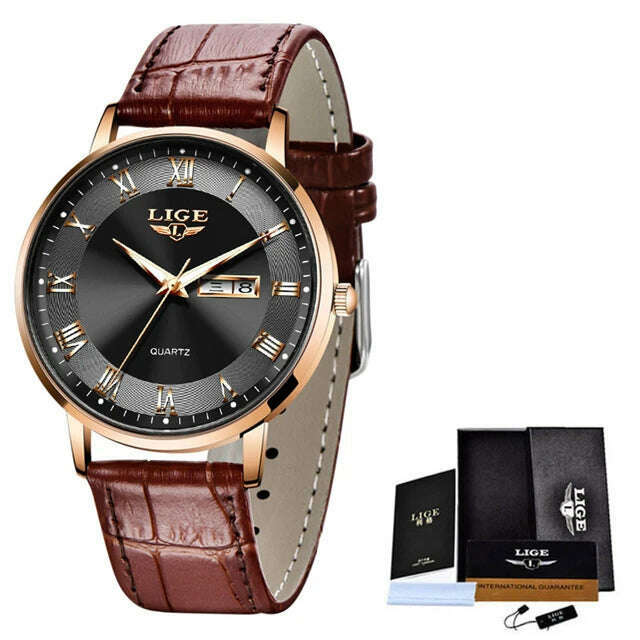 KIMLUD, LIGE Brand Women Watches Ultra-thin Luxury Quartz Watch Fashion Ladies Clock Stainless Steel Waterproof Calendar Week Wristwatch, Leather gold black / China, KIMLUD APPAREL - Womens Clothes