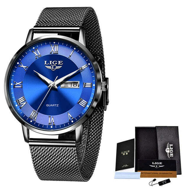 KIMLUD, LIGE Brand Women Watches Ultra-thin Luxury Quartz Watch Fashion Ladies Clock Stainless Steel Waterproof Calendar Week Wristwatch, black blue / China, KIMLUD APPAREL - Womens Clothes