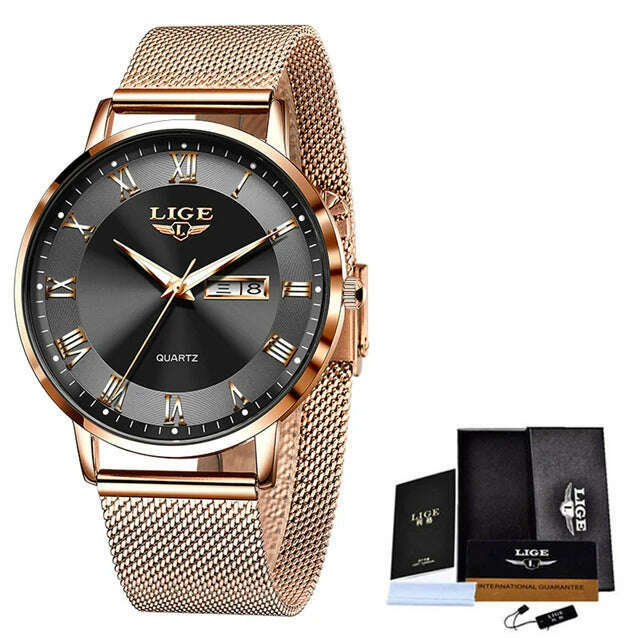 LIGE Brand Women Watches Ultra-thin Luxury Quartz Watch Fashion Ladies Clock Stainless Steel Waterproof Calendar Week Wristwatch - KIMLUD