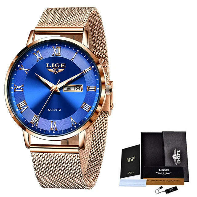 KIMLUD, LIGE Brand Women Watches Ultra-thin Luxury Quartz Watch Fashion Ladies Clock Stainless Steel Waterproof Calendar Week Wristwatch, Rose gold blue / China, KIMLUD APPAREL - Womens Clothes