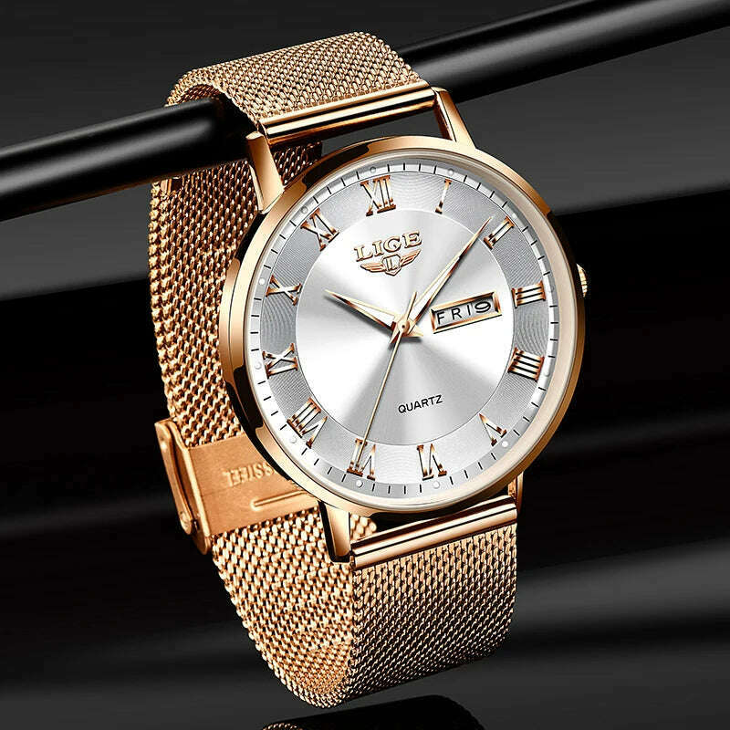 KIMLUD, LIGE Brand Women Watches Ultra-thin Luxury Quartz Watch Fashion Ladies Clock Stainless Steel Waterproof Calendar Week Wristwatch, KIMLUD Womens Clothes