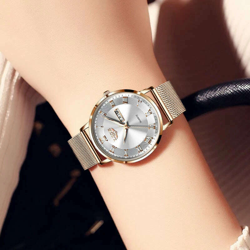 LIGE Brand Women Watches Ultra-thin Luxury Quartz Watch Fashion Ladies Clock Stainless Steel Waterproof Calendar Week Wristwatch - KIMLUD