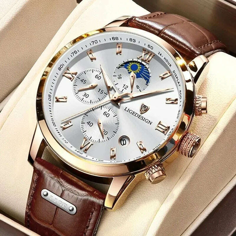 KIMLUD, LIGE Casual Men Watch Luxury Leather Waterproof Sport Quartz Wristwatch Chronograph Military Watch for Men Relogio Masculino, KIMLUD Womens Clothes