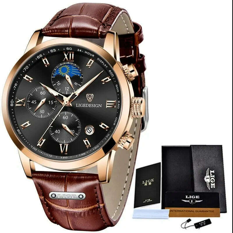 KIMLUD, LIGE Casual Men Watch Luxury Leather Waterproof Sport Quartz Wristwatch Chronograph Military Watch for Men Relogio Masculino, gold black, KIMLUD APPAREL - Womens Clothes