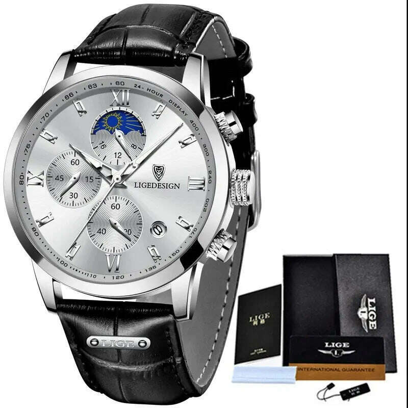 KIMLUD, LIGE Casual Men Watch Luxury Leather Waterproof Sport Quartz Wristwatch Chronograph Military Watch for Men Relogio Masculino, silver white, KIMLUD APPAREL - Womens Clothes