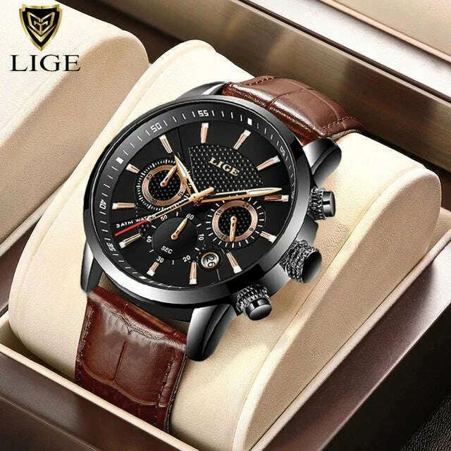 KIMLUD, LIGE Fashion Watch for Men Top Brand Luxury Business Men Watches Sport Quartz Chronograph Waterproof Wristwatch Man Reloj Hombre, Black, KIMLUD APPAREL - Womens Clothes