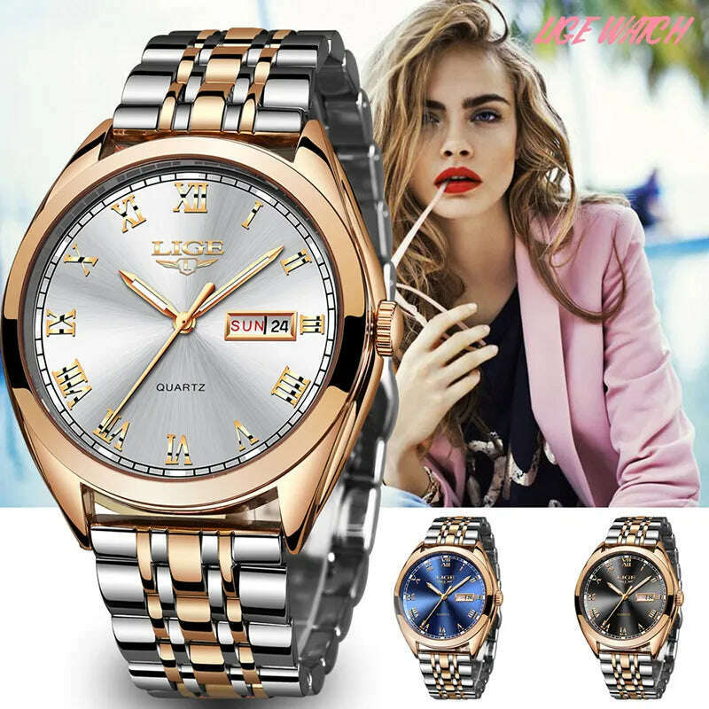 LIGE Fashion Women Watches Ladies Top Brand luxury Waterproof Gold Quartz Watch Women Stainless Steel Date Wear Gift Clock 2021 - KIMLUD