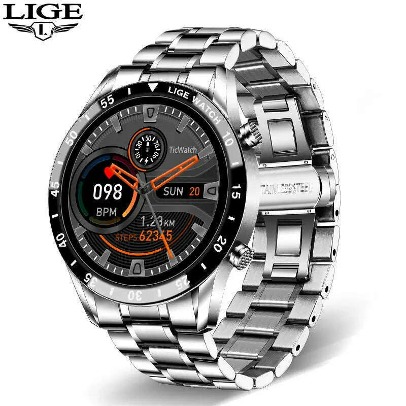 KIMLUD, LIGE Luxury Full Circle Touch Screen Men Smart Watch Bluetooth Call Steel Band Waterproof Sports Fitness Watch For Android IOS, steel strip silver / Bluetooth call, KIMLUD APPAREL - Womens Clothes