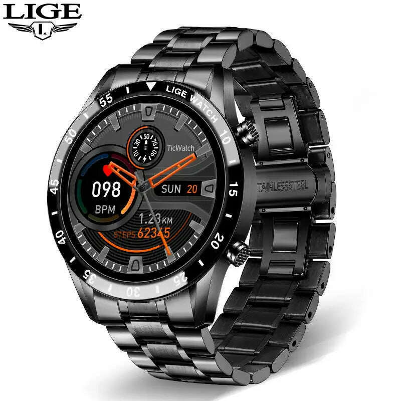 KIMLUD, LIGE Luxury Full Circle Touch Screen Men Smart Watch Bluetooth Call Steel Band Waterproof Sports Fitness Watch For Android IOS, steel strip Black / Bluetooth call, KIMLUD APPAREL - Womens Clothes