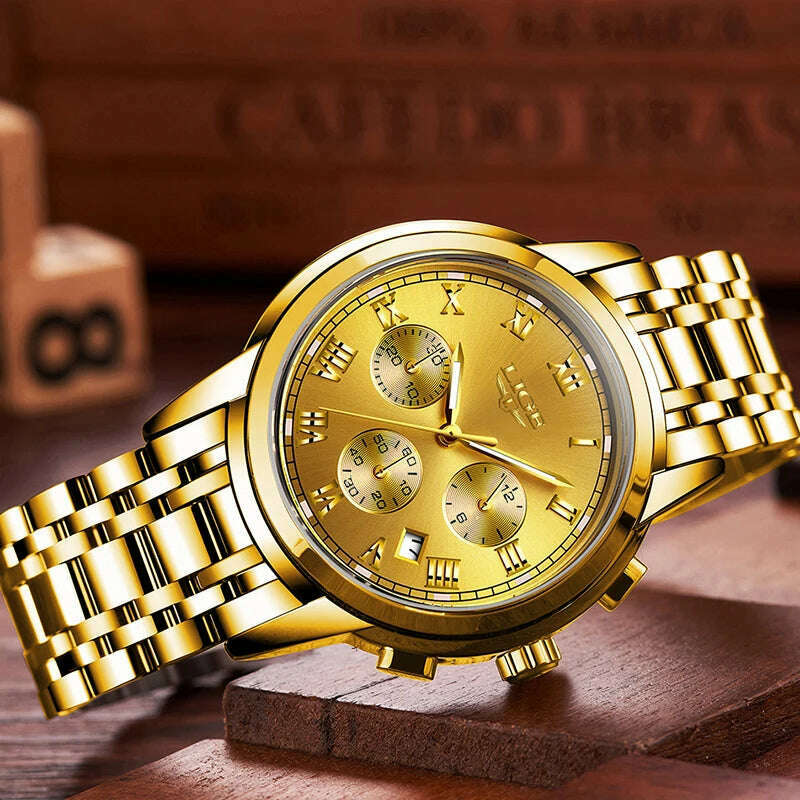 LIGE Mens Watches Top Brand Luxury Fashion Quartz Gold Watch Men's Business Stainless Steel Waterproof Clock Relogio Masculino - KIMLUD