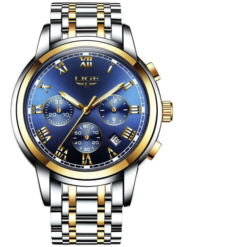 KIMLUD, LIGE Mens Watches Top Brand Luxury Fashion Quartz Gold Watch Men's Business Stainless Steel Waterproof Clock Relogio Masculino, Gold blue, KIMLUD APPAREL - Womens Clothes