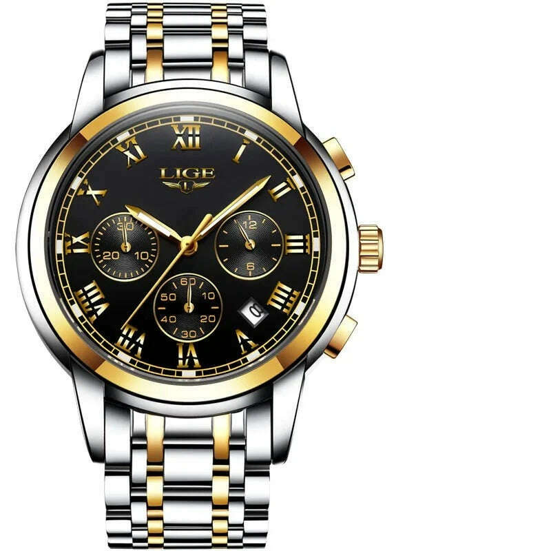 KIMLUD, LIGE Mens Watches Top Brand Luxury Fashion Quartz Gold Watch Men's Business Stainless Steel Waterproof Clock Relogio Masculino, Gold black, KIMLUD APPAREL - Womens Clothes