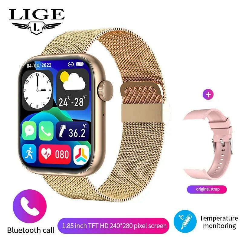 KIMLUD, LIGE Smart Watch For Women Full Touch Screen Bluetooth Call Waterproof Watches Sport Fitness Tracker Smartwatch Lady Reloj Mujer, gold mesh belt, KIMLUD APPAREL - Womens Clothes