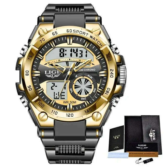 KIMLUD, LIGE Top Brand Luxury Men Watches Fashion Dual Display Watch For Men Casual Sport Divier Watch Men Quartz Chronograph Clock Male, gold black, KIMLUD APPAREL - Womens Clothes